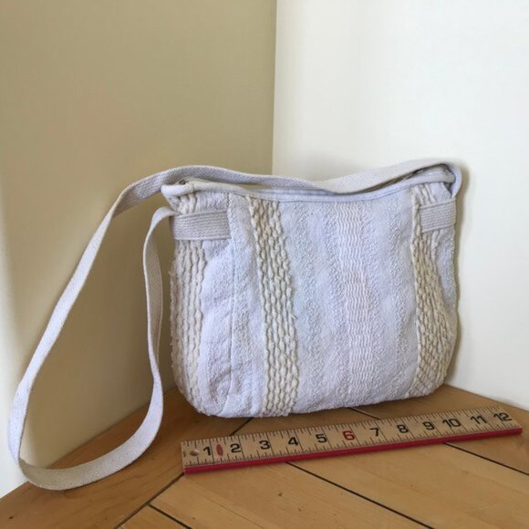 Textured Woven Fabric Purse Shoulder Bag Vintage 90s Neutral Crochet 9x11 - Picture 2 of 10